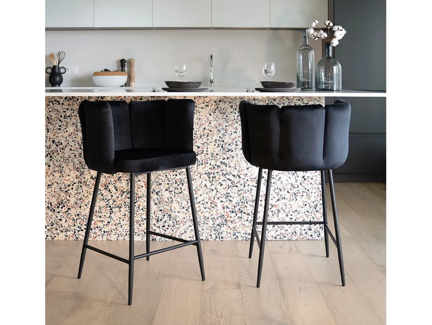 Set de 2 sillas para isla de cocina de terciopelo negro 65 cm - Rosy