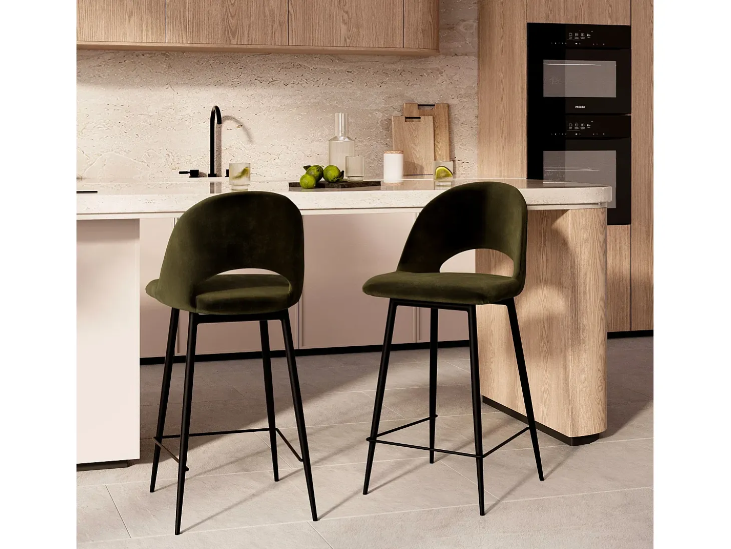 Set de 2 taburetes para isla de cocina en terciopelo verde 65 cm - Pénélope