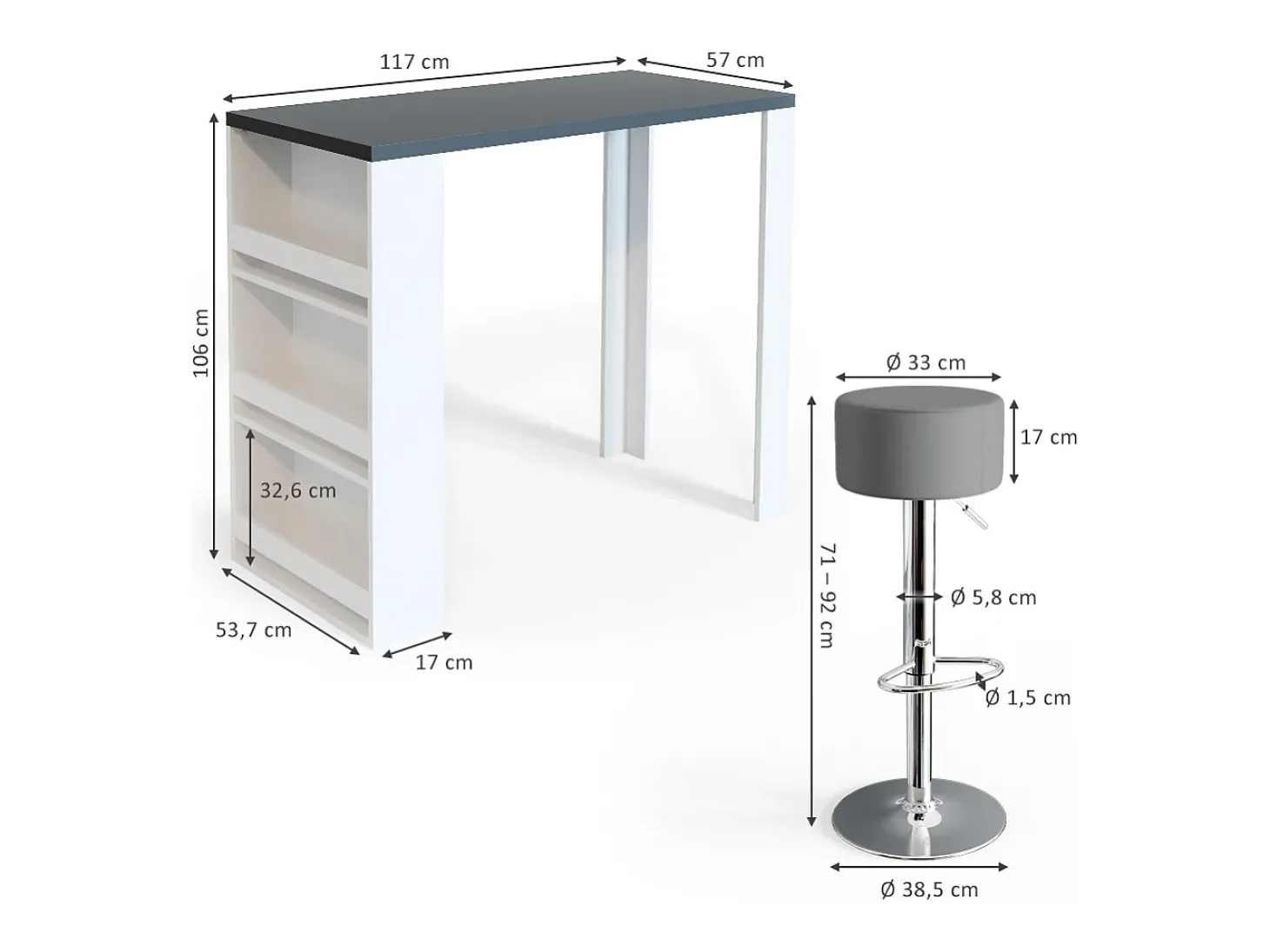 Set de mesa de bar blanco/gris 57x117x106