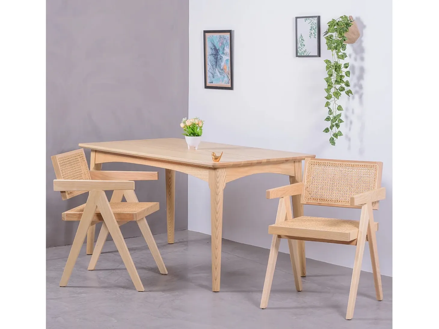 Silla cásica con reposabrazos en rattan natural y madera de fresno - Compass - Fresno Natural