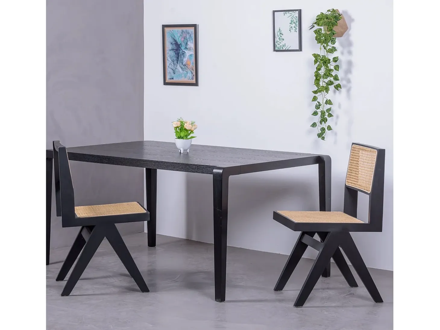 Silla cásica en rattan natural y madera de fresno - Compass - Negro