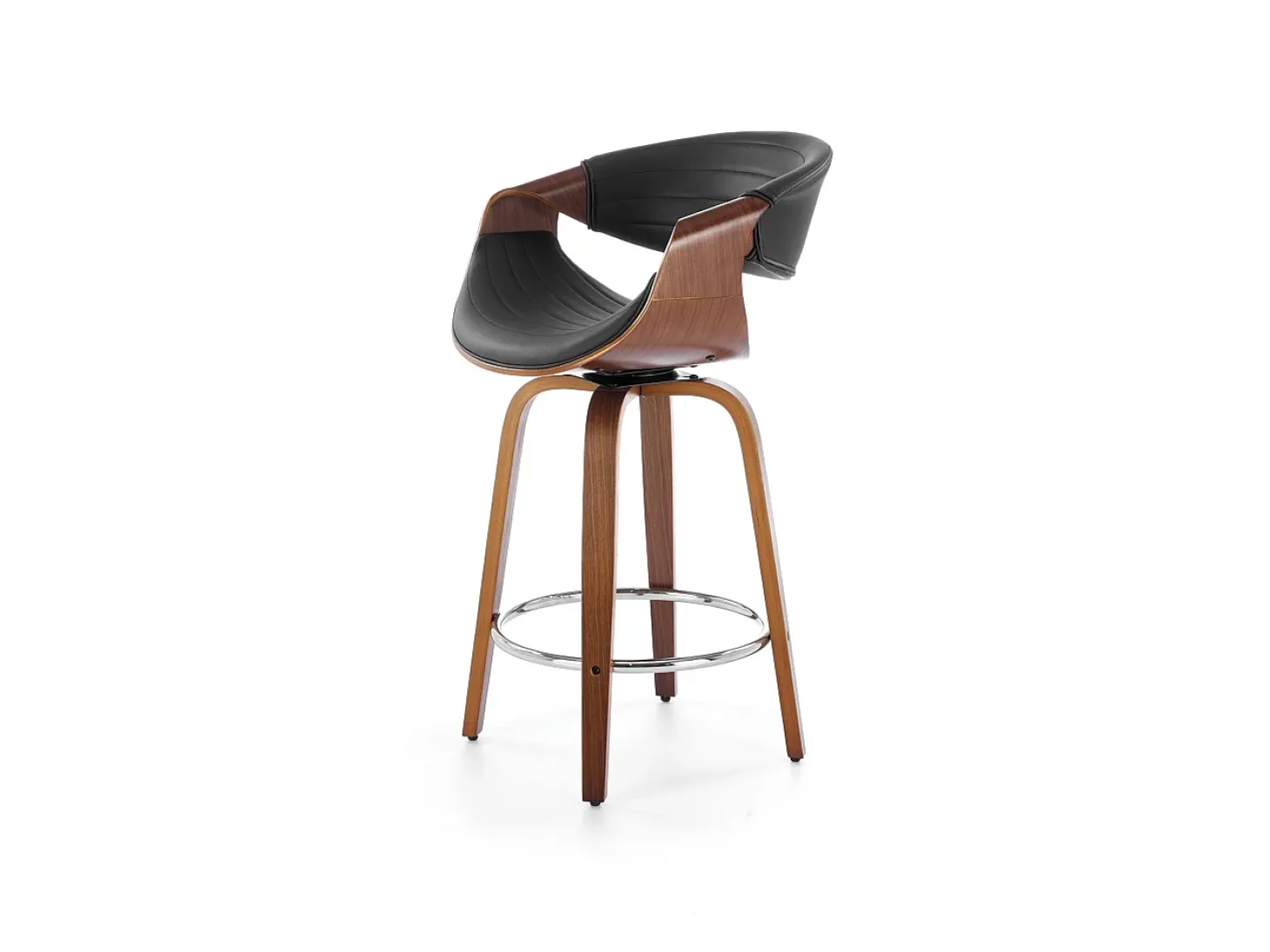 Silla de bar de diseño chapada en nogal y ecopiel negra Aster