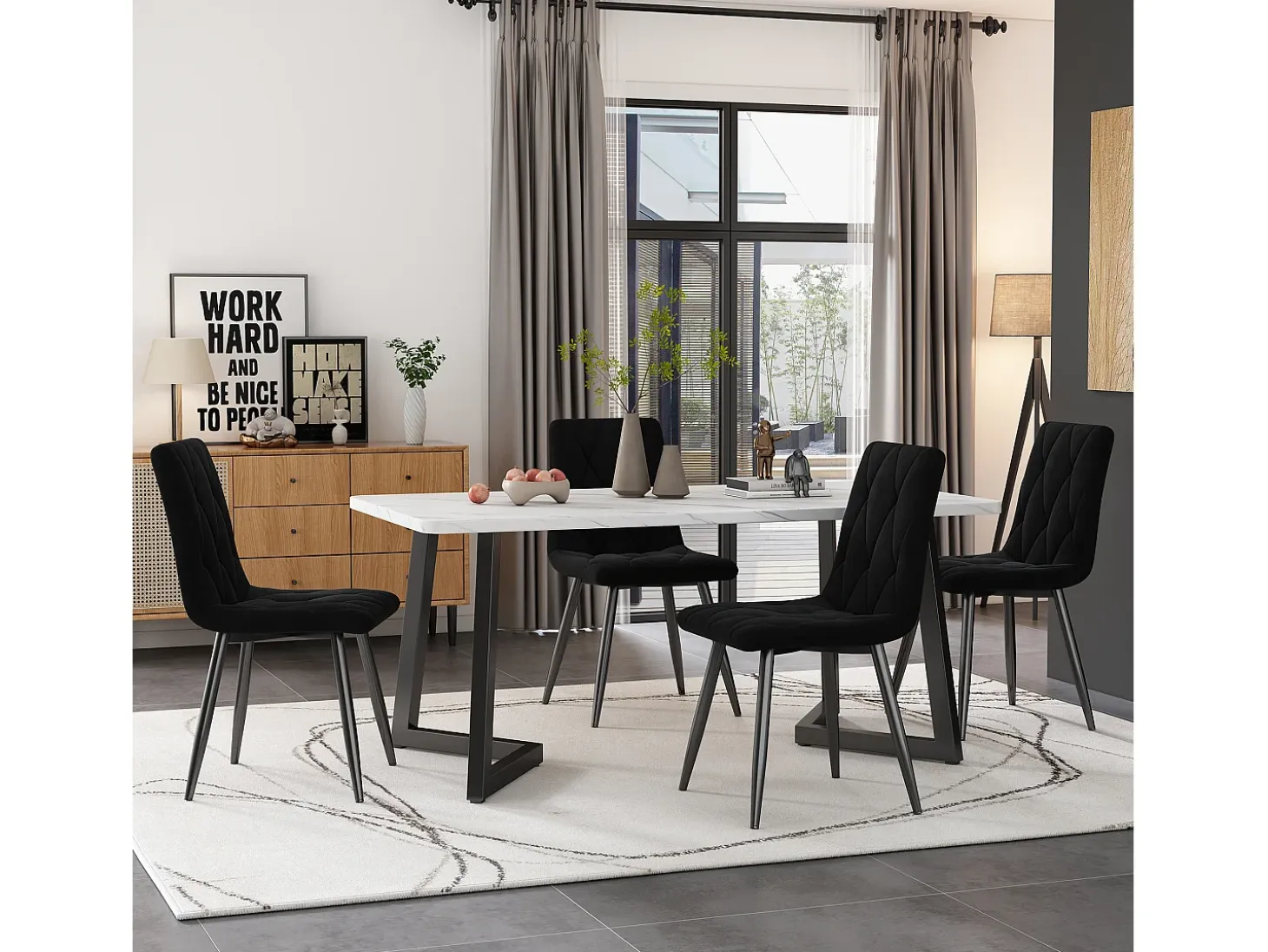 Silla de comedor (4 piezas), tapizada de diseño, asiento de terciopelo sarga, estructura de metal, respaldo, patas de metal negro, color beige (45 x 40 x 86 cm)