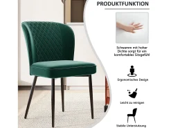 Silla de comedor (2 unidades), Diseño con respaldo, Asiento de terciopelo verde, Patas de metal, 47x43x86 cm