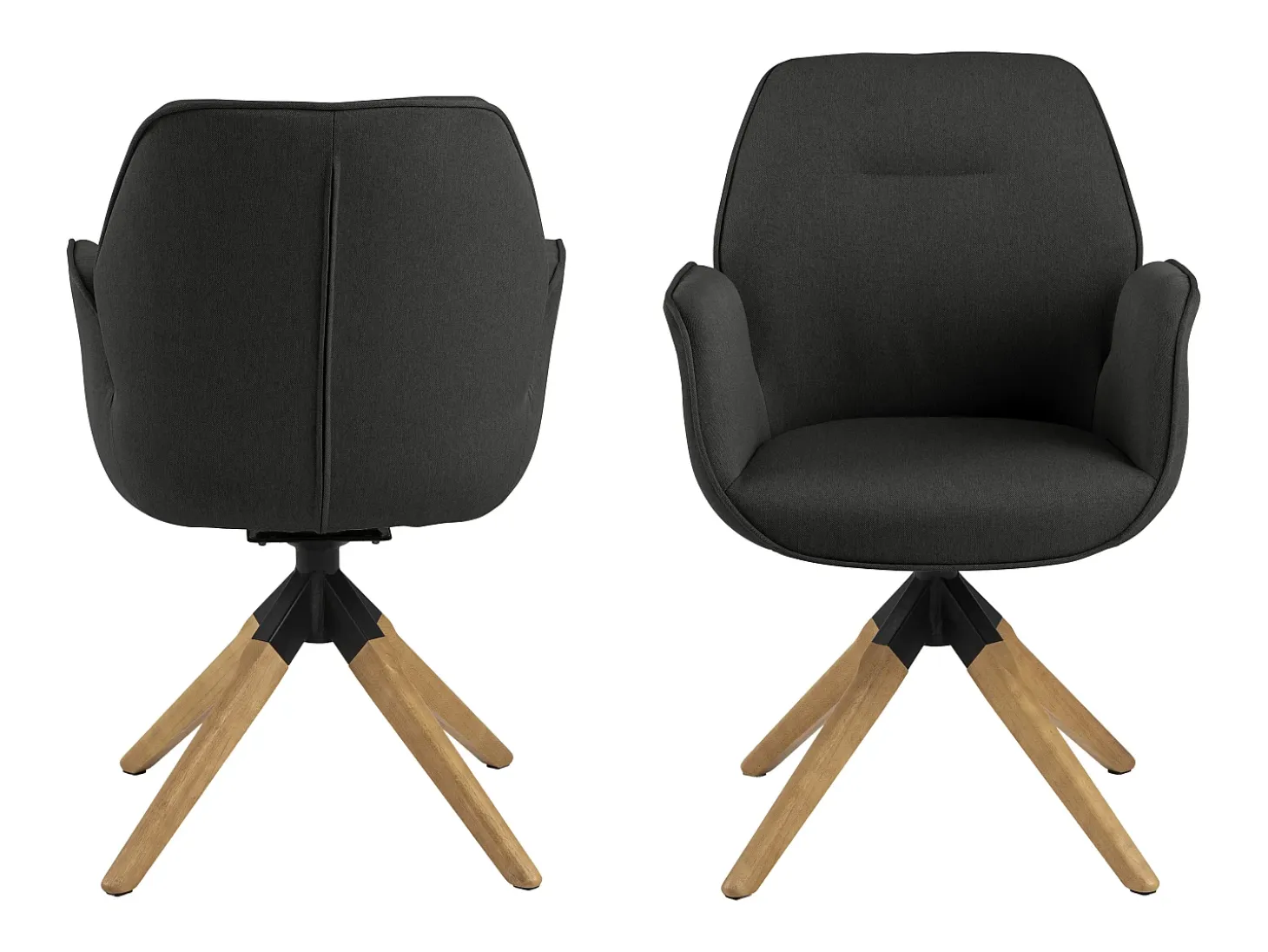 Silla de comedor Aura patas de roble con reposabrazos y retorno en color gris oscuro.