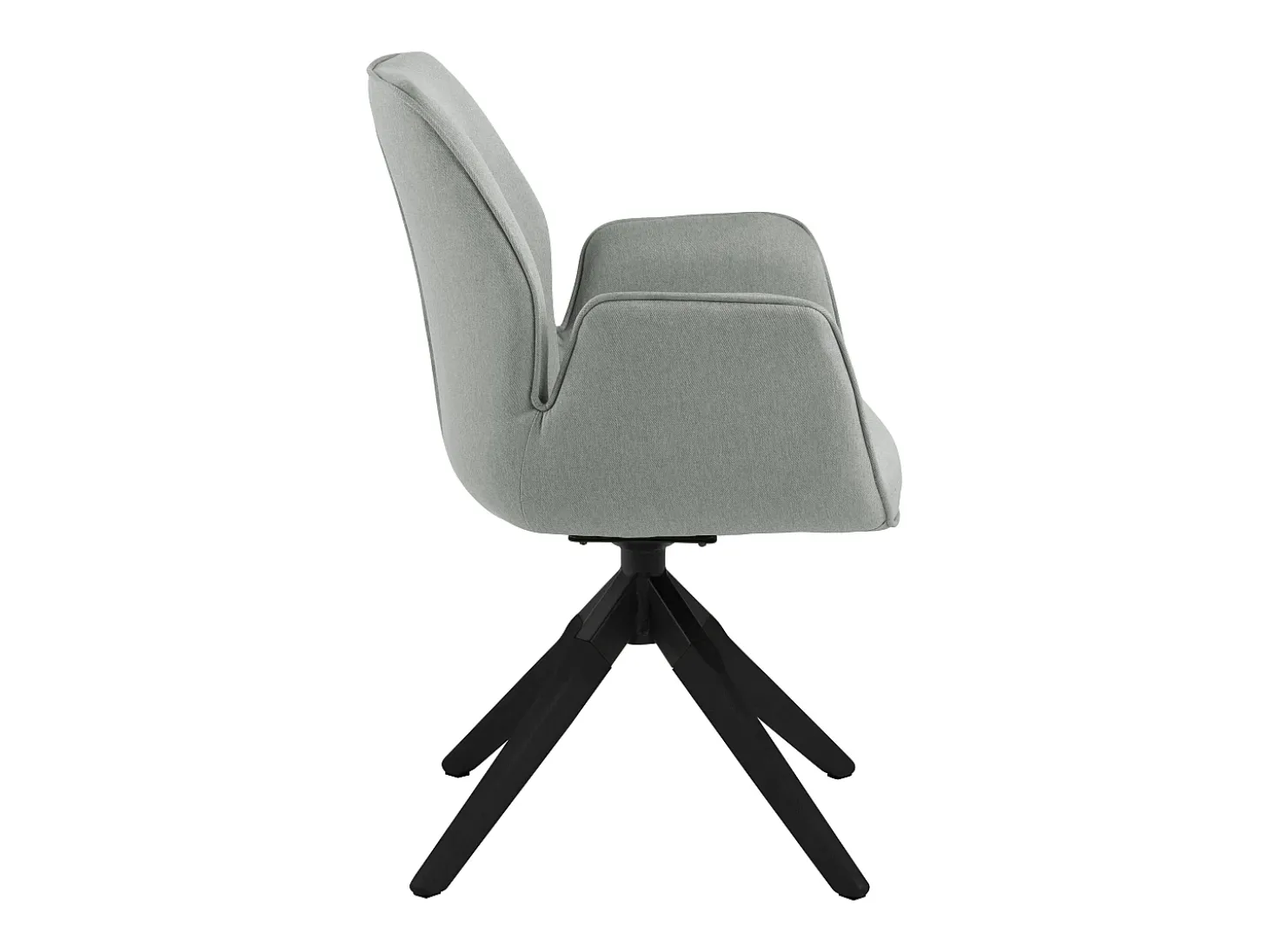 Silla de comedor Aura patas negras, con reposabrazos y retorno giratorio gris claro.