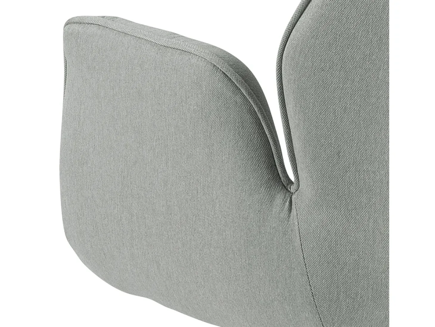 Silla de comedor Aura patas negras, con reposabrazos y retorno giratorio gris claro.