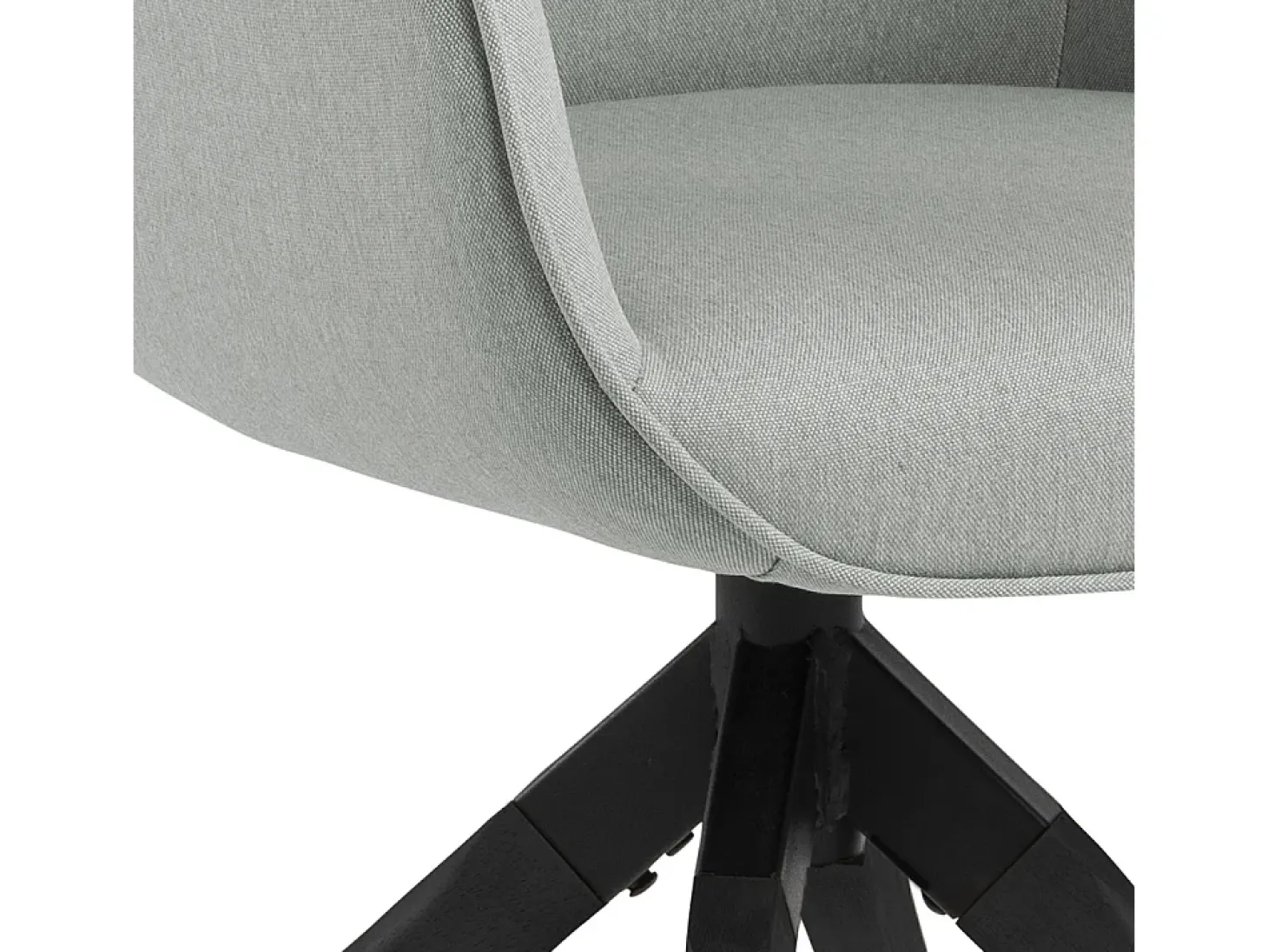 Silla de comedor Aura patas negras, con reposabrazos y retorno giratorio gris claro.
