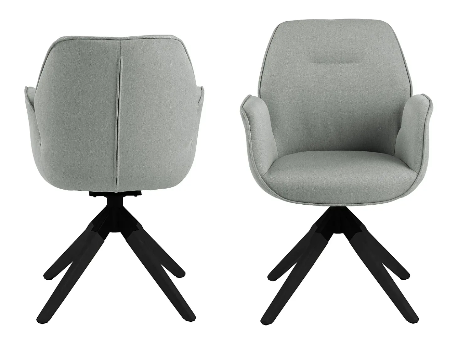 Silla de comedor Aura patas negras, con reposabrazos y retorno giratorio gris claro.