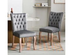 Silla de comedor con respaldo decorado, en terciopelo gris, patas de madera maciza, con clavos decorativos, juego de 2 (49x63x95 cm)