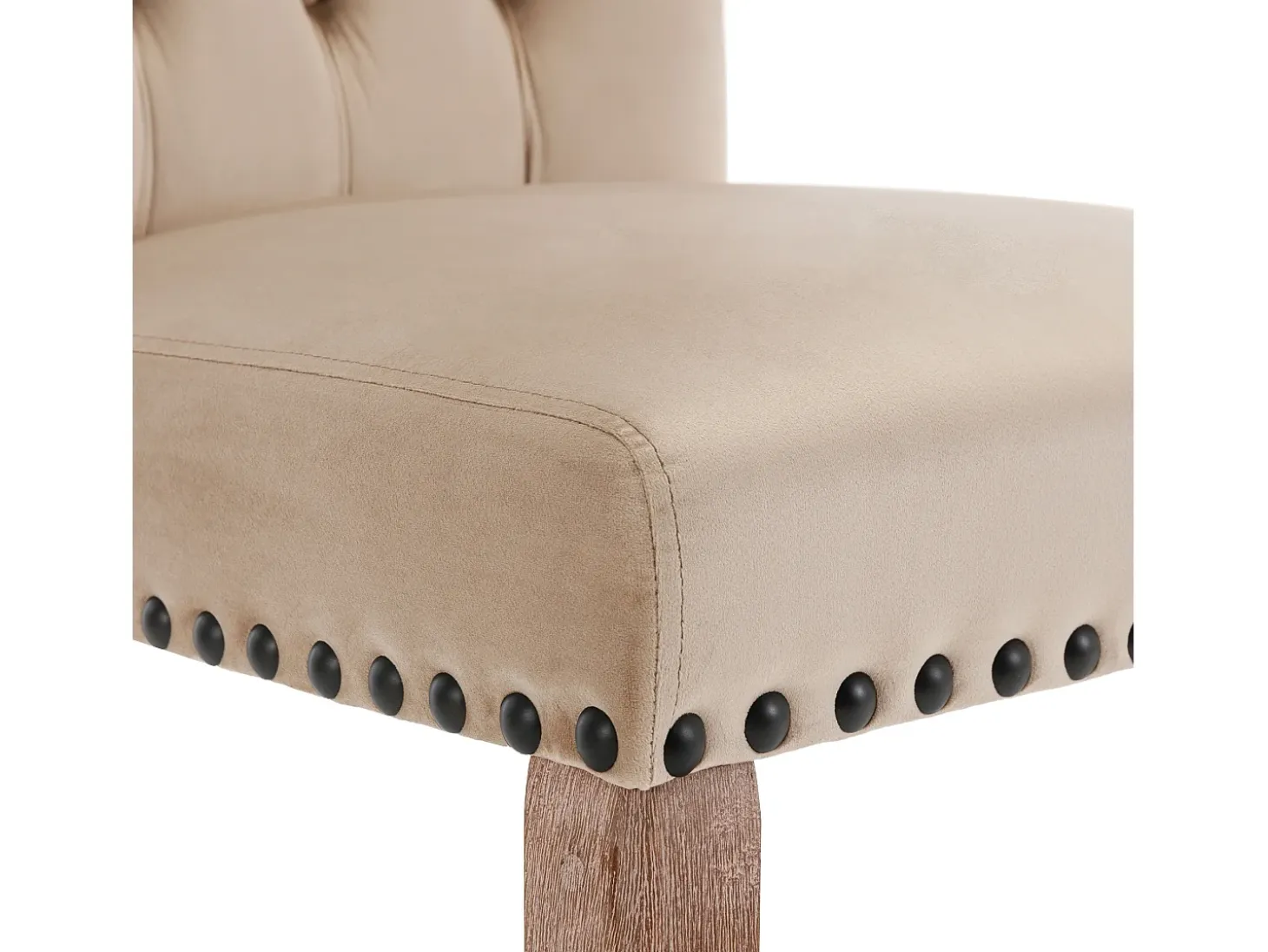 Silla de comedor con respaldo decorado, en terciopelo camel, patas de madera maciza, con clavos decorativos, juego de 2 (49x63x95 cm)
