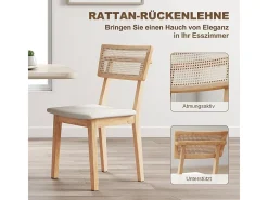 Silla de comedor, con respaldo de ratán, asiento de símil piel, madera de caucho, madera natural.