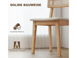 Silla de comedor, con respaldo de ratán, asiento de símil piel, madera de caucho, madera natural.