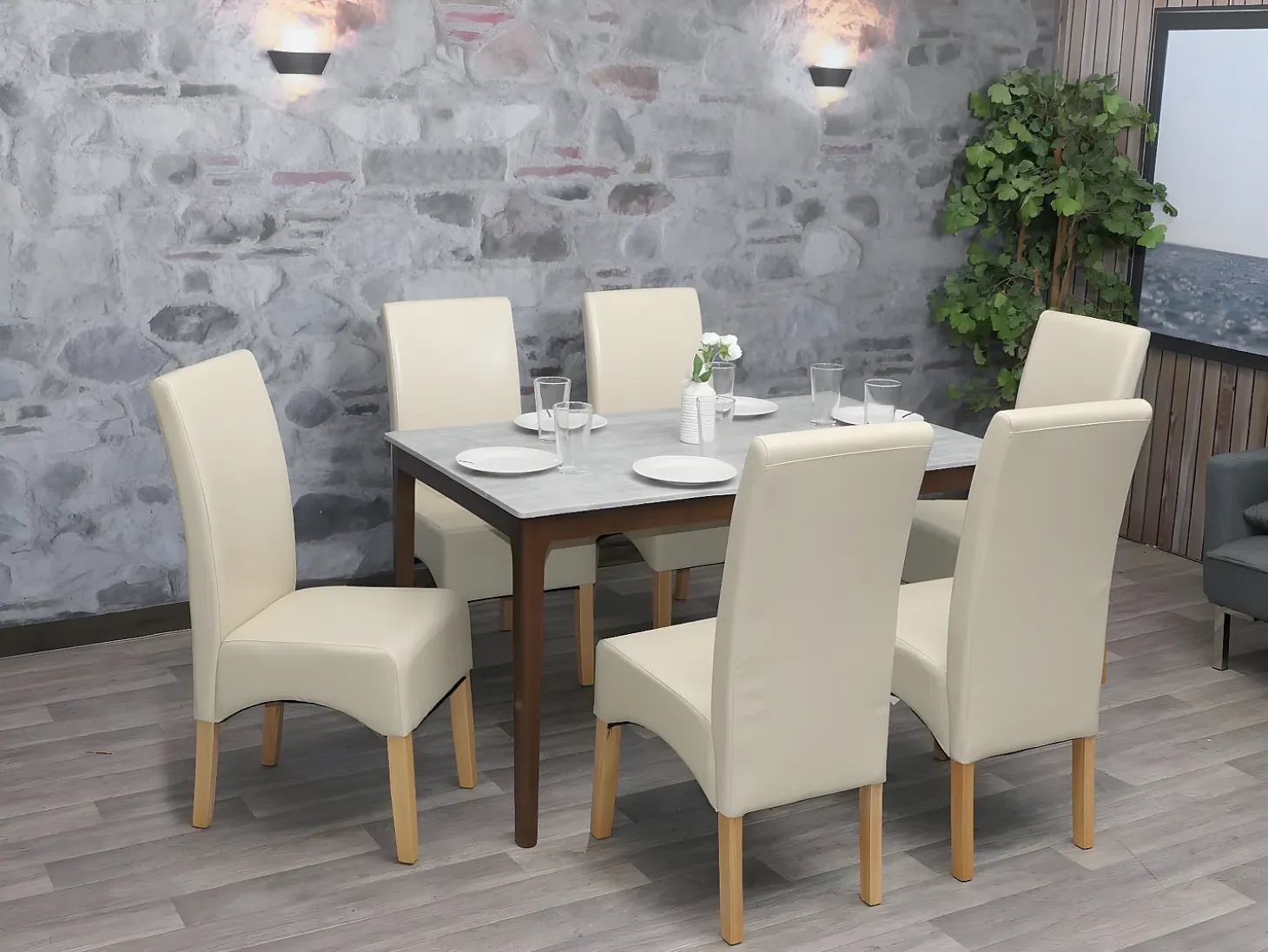 Silla de comedor Crotone (set de 2), crema, patas claras