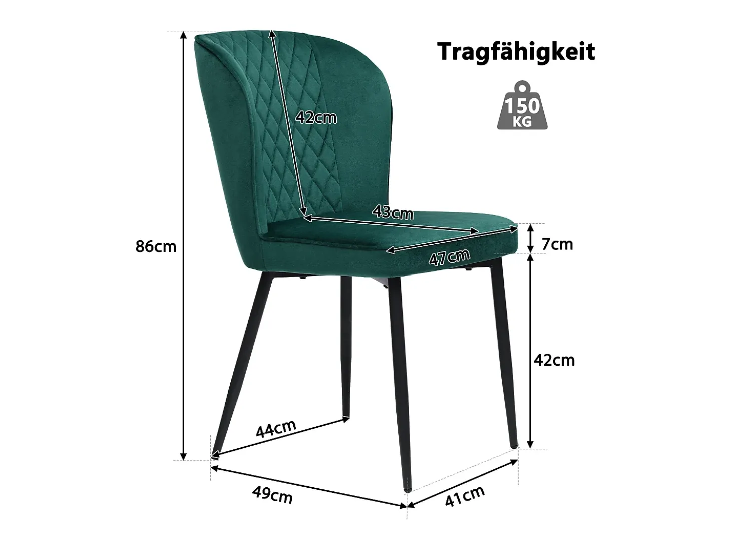 Silla de comedor de diseño, 4 sillas de terciopelo verde con respaldo, asiento de terciopelo, patas de metal (47x43x86 cm)
