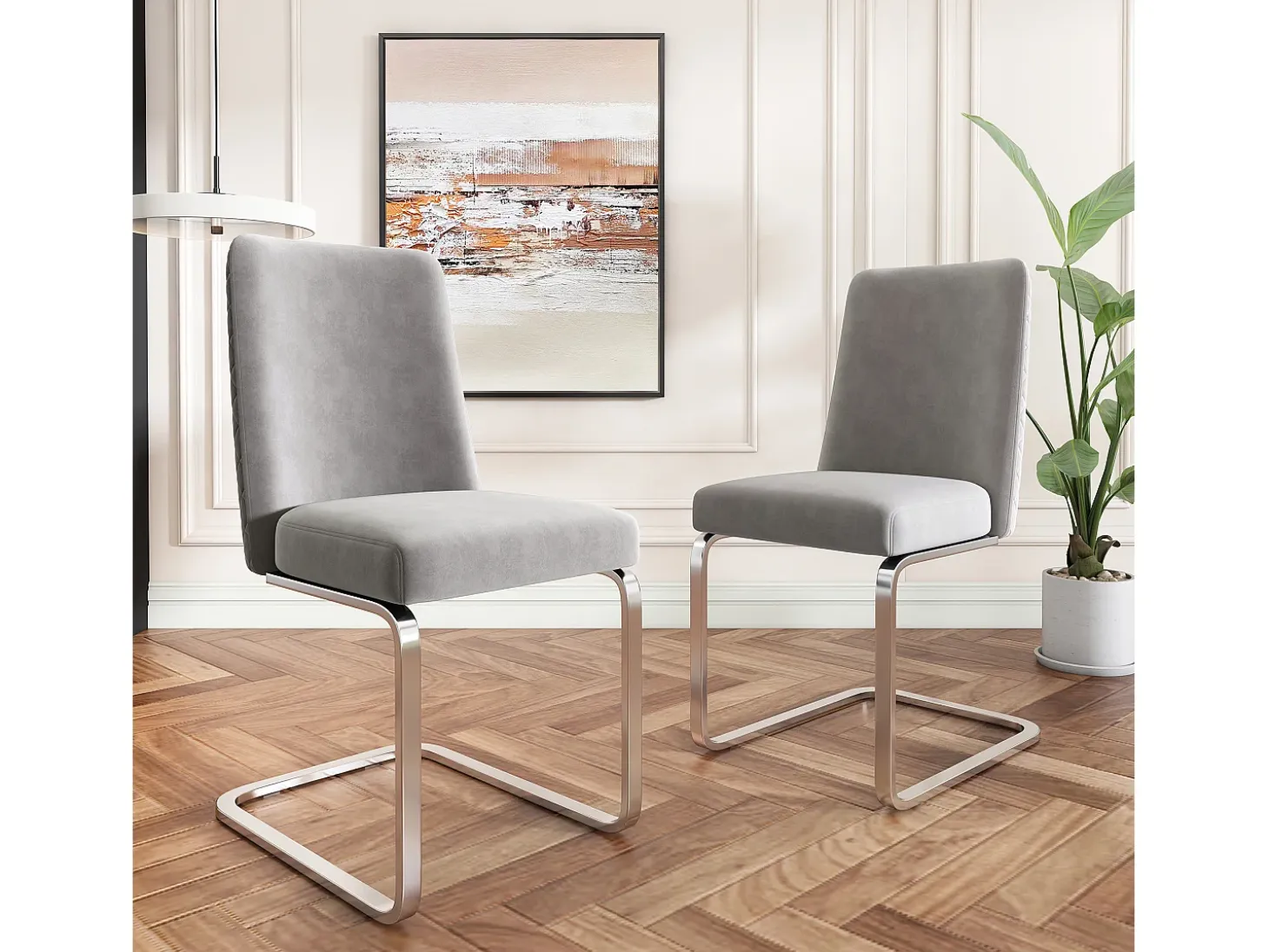 Silla de comedor de dos piezas de terciopelo de diseño de lujo con respaldo de diamante y patas de metal plateado, gris (47 x 47 x 90 cm)