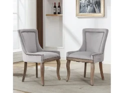 Silla de comedor de lujo, sillón con clavos decorativos y estructura de madera maciza, tapizado de terciopelo, gris (55x61x91 cm)