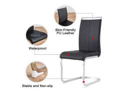 Silla de comedor de piel sintética negra con respaldo alto y reposabrazos, estructura de metal cromado, juego de 4 (no aplicable)
