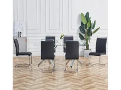 Silla de comedor de piel sintética negra con respaldo alto y reposabrazos, estructura de metal cromado, juego de 4 (no aplicable)