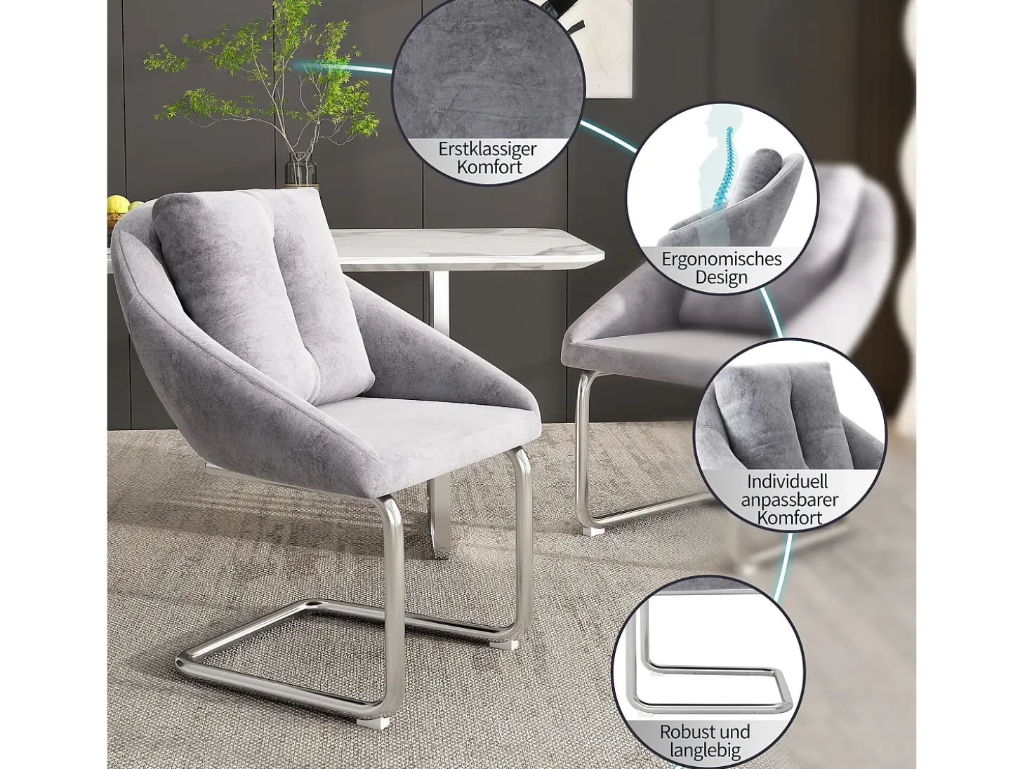 Silla de comedor de terciopelo gris, sillón giratorio de lujo con cojines, diseño ergonómico, patas curvas (72,39 x 60,96 x 50,17 cm)