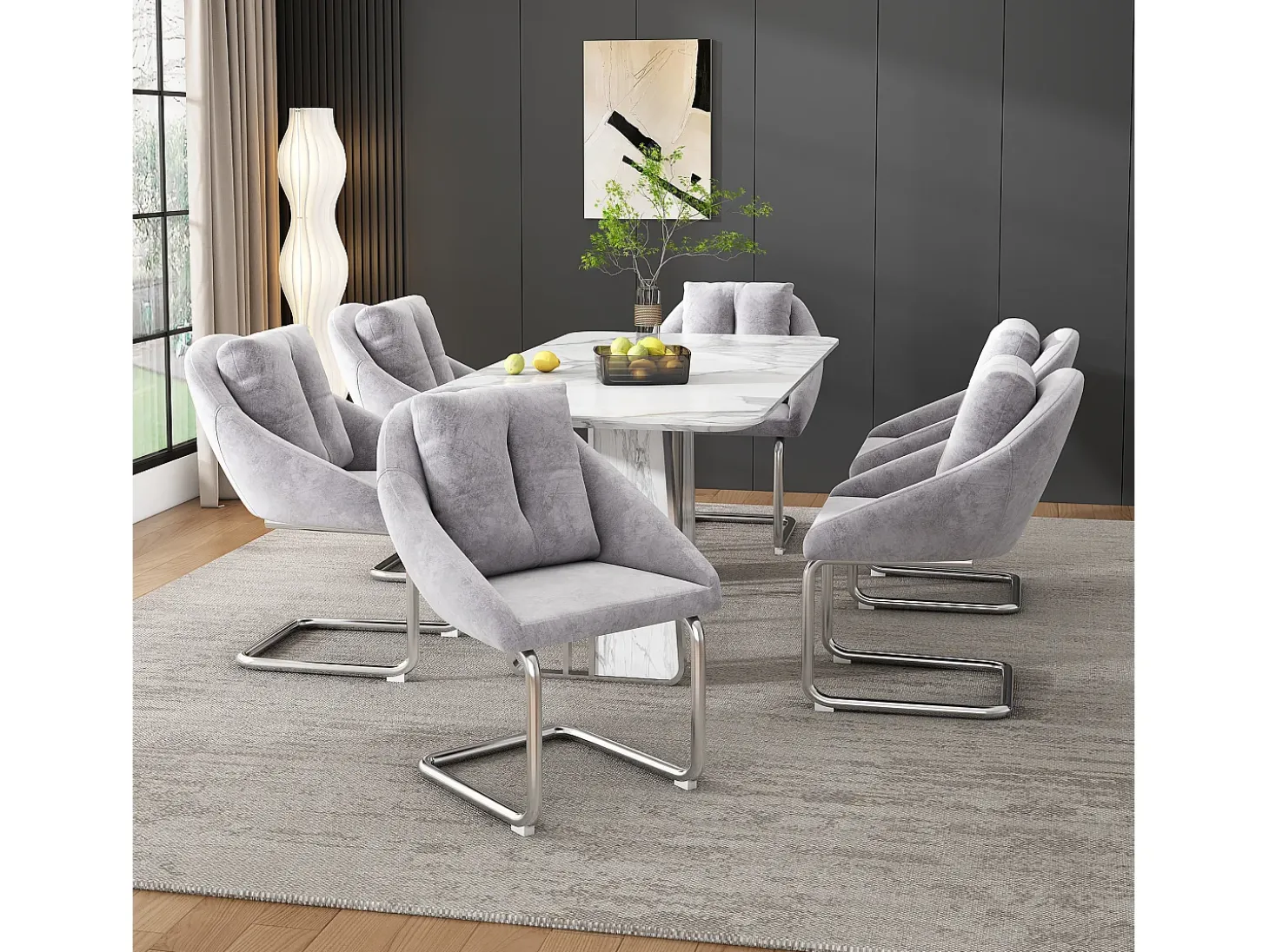 Silla de comedor de terciopelo gris, sillón giratorio de lujo con cojines, diseño ergonómico, patas curvas (72,39 x 60,96 x 50,17 cm)