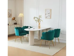Silla de comedor de terciopelo, respaldo pétalo, patas de metal dorado – verde