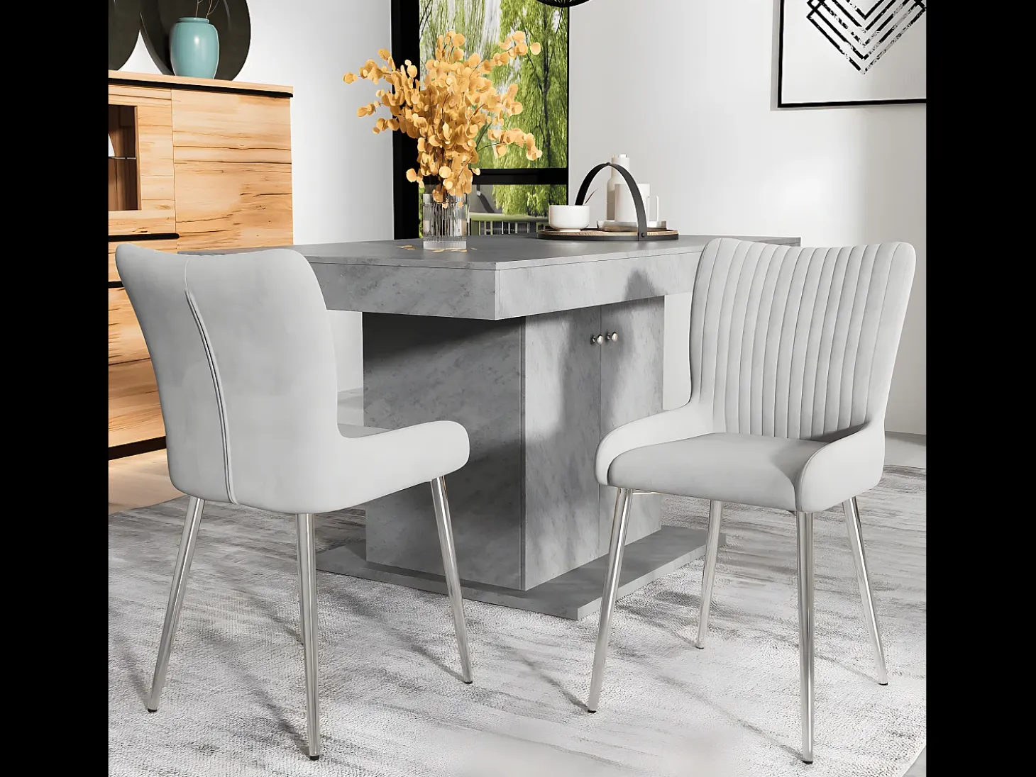 Silla de comedor de terciopelo, lote de 6, tumbona con cuatro patas de metal plateado, gris