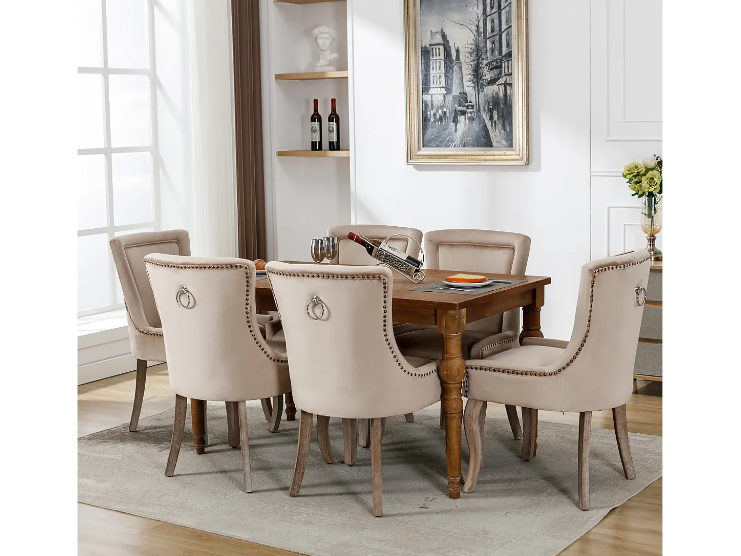 Silla de comedor de terciopelo beige con patas de madera maciza, diseño elegante con clavos decorativos (55x61x91 cm)