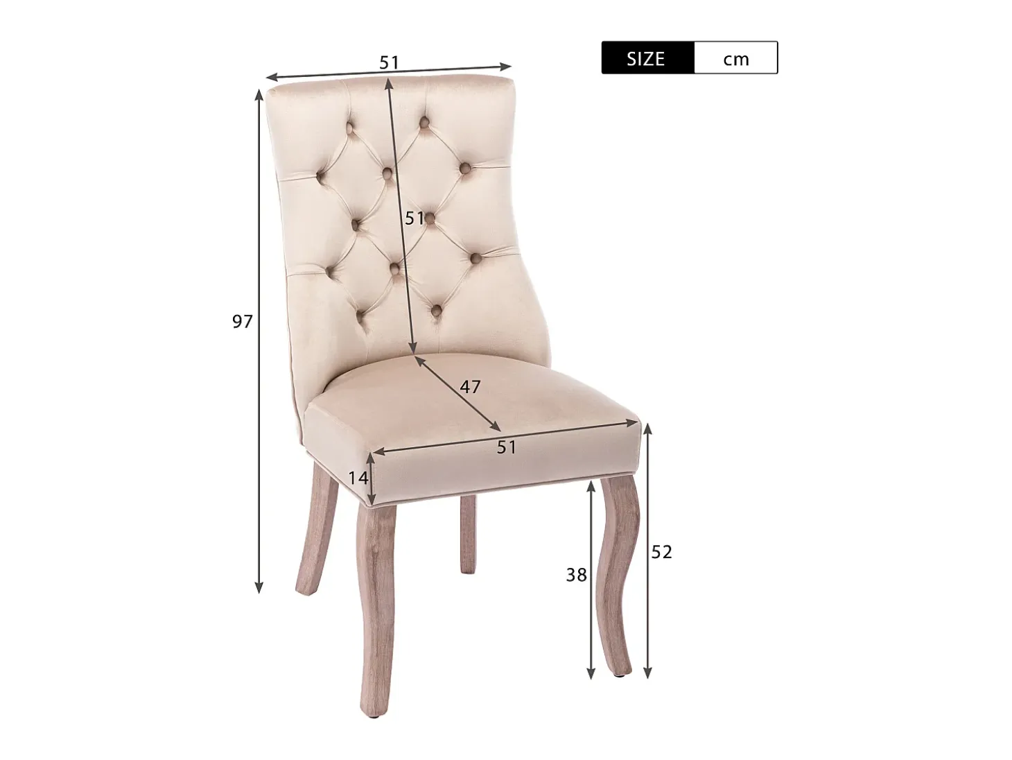 Silla de comedor de terciopelo beige con respaldo alto y botones, estructura de madera maciza, juego de 4 (53 x 61 x 91 cm)