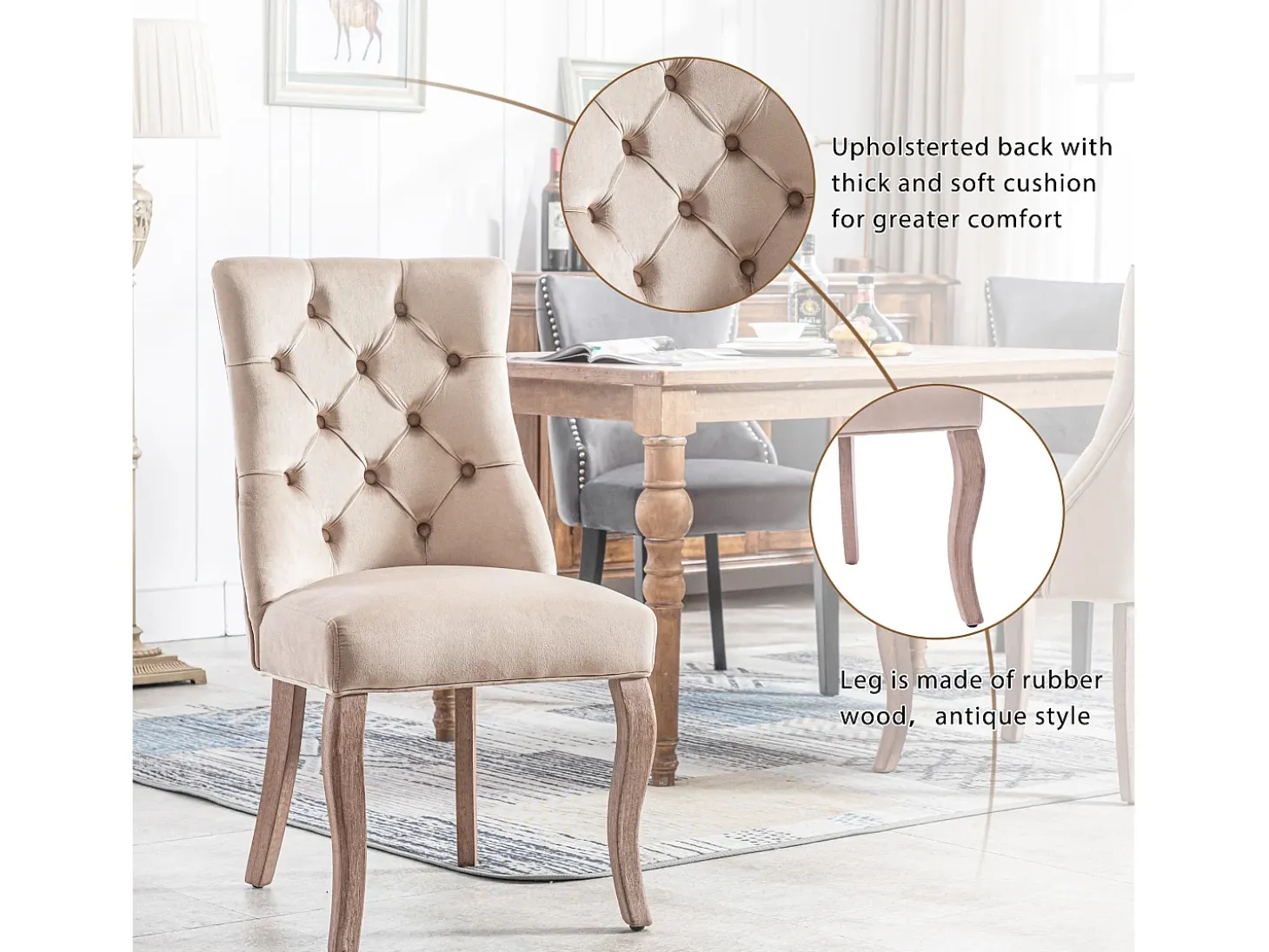 Silla de comedor de terciopelo beige con respaldo alto y botones, estructura de madera maciza, juego de 4 (53 x 61 x 91 cm)