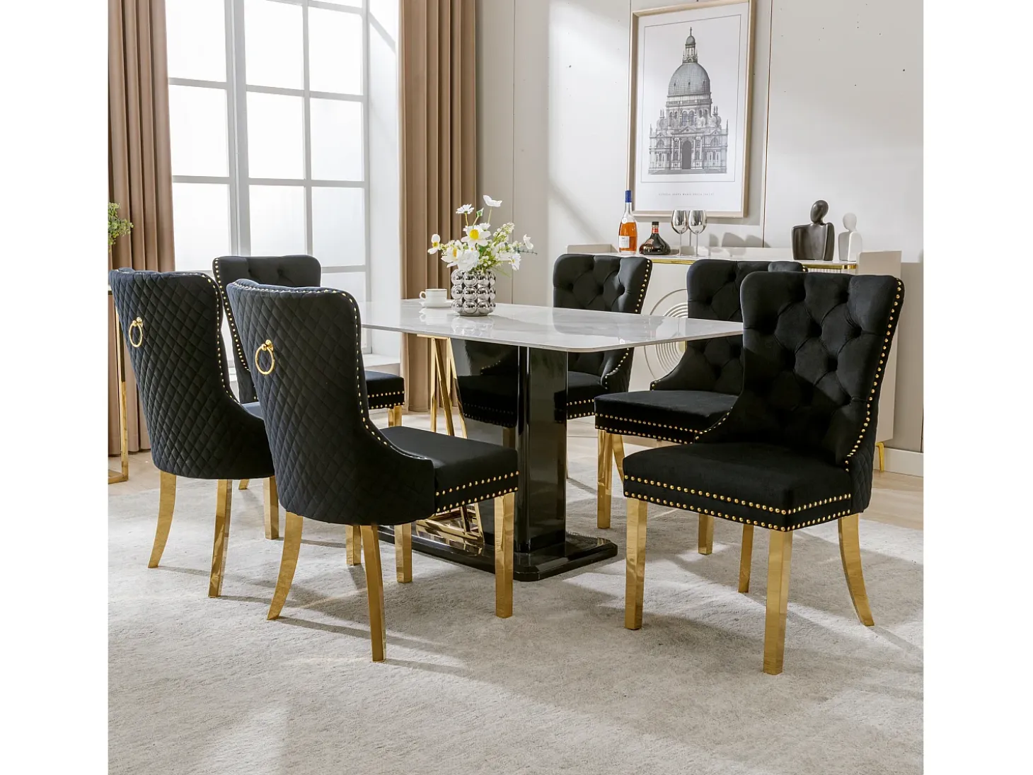 Silla de comedor de terciopelo con aro decorativo y tachuelas, patas de acero inoxidable dorado – negro