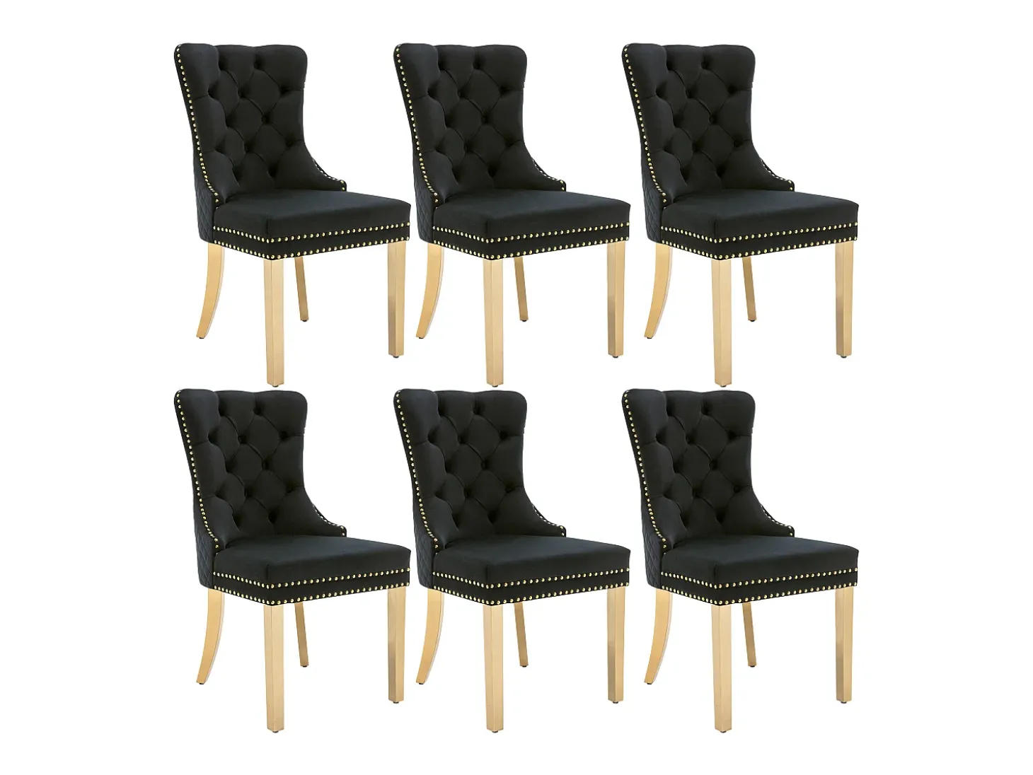 Silla de comedor de terciopelo con aro decorativo y tachuelas, patas de acero inoxidable dorado – negro