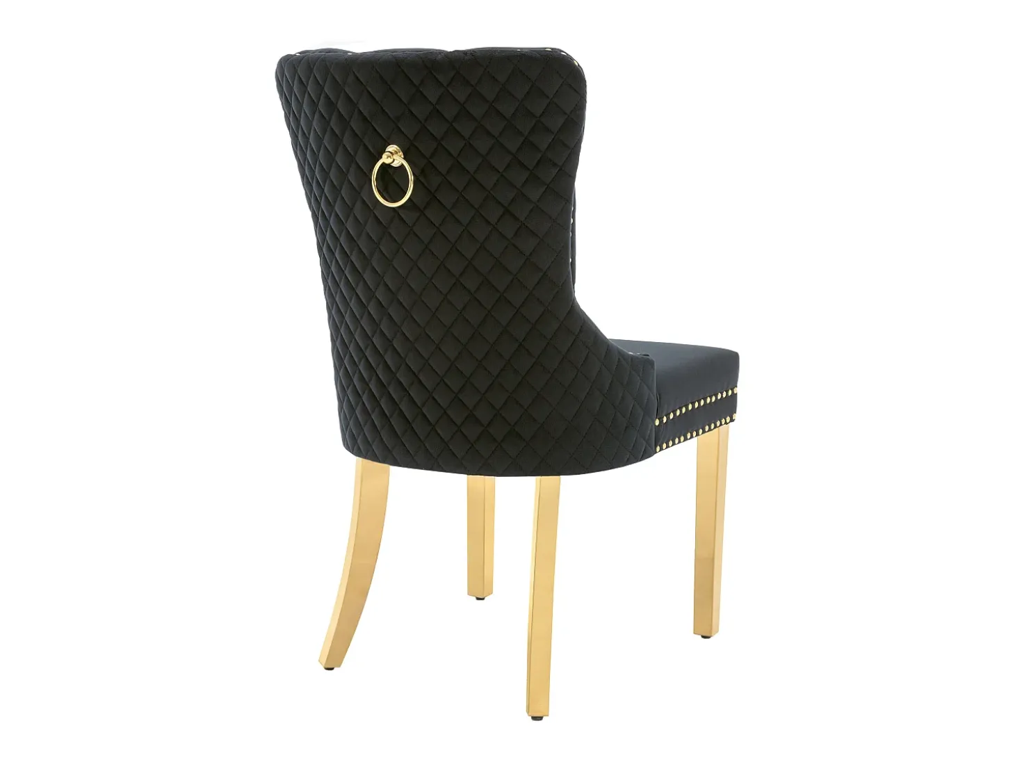 Silla de comedor de terciopelo con aro decorativo y tachuelas, patas de acero inoxidable dorado – negro