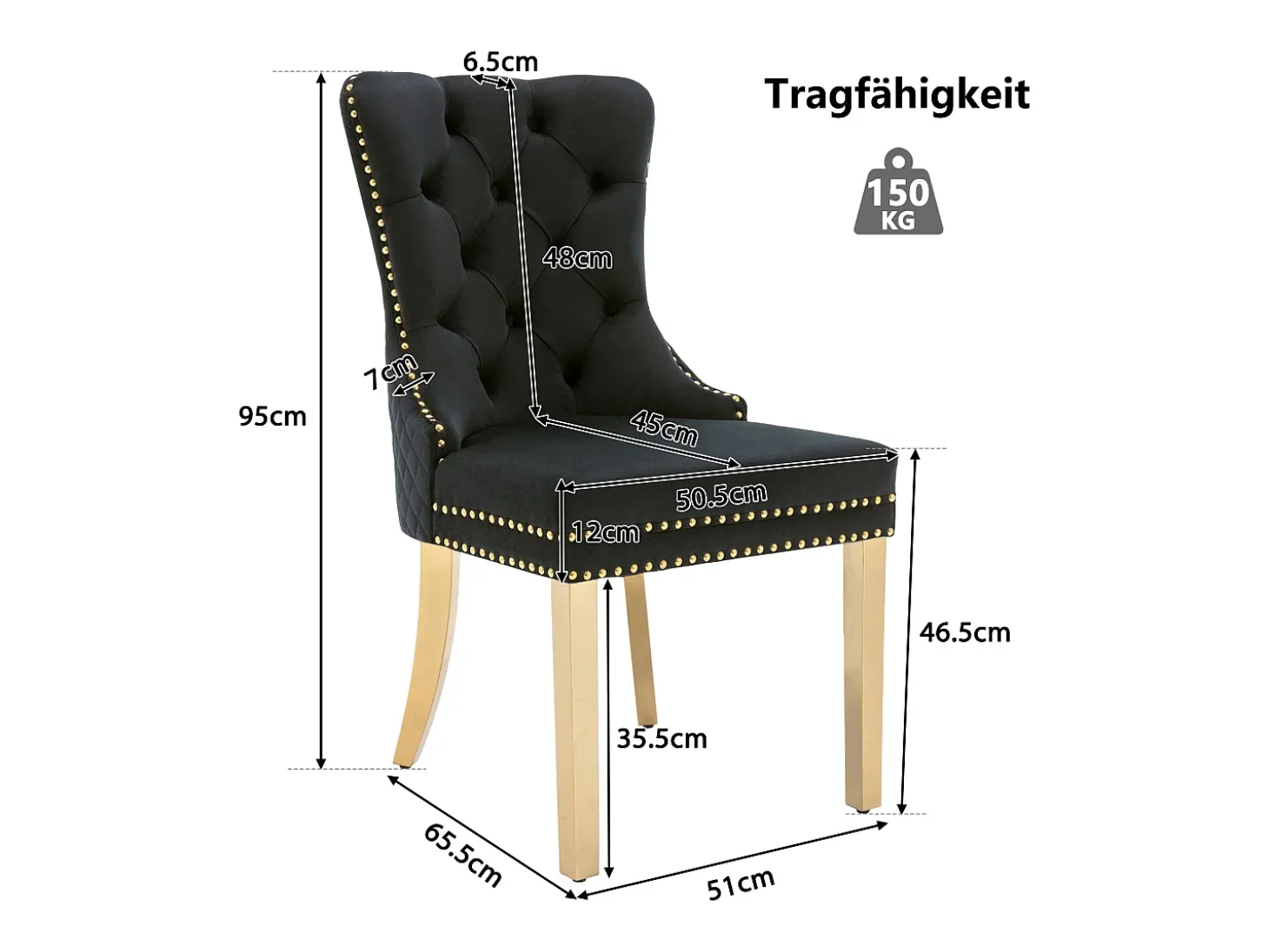 Silla de comedor de terciopelo con aro decorativo y tachuelas, patas de acero inoxidable dorado – negro