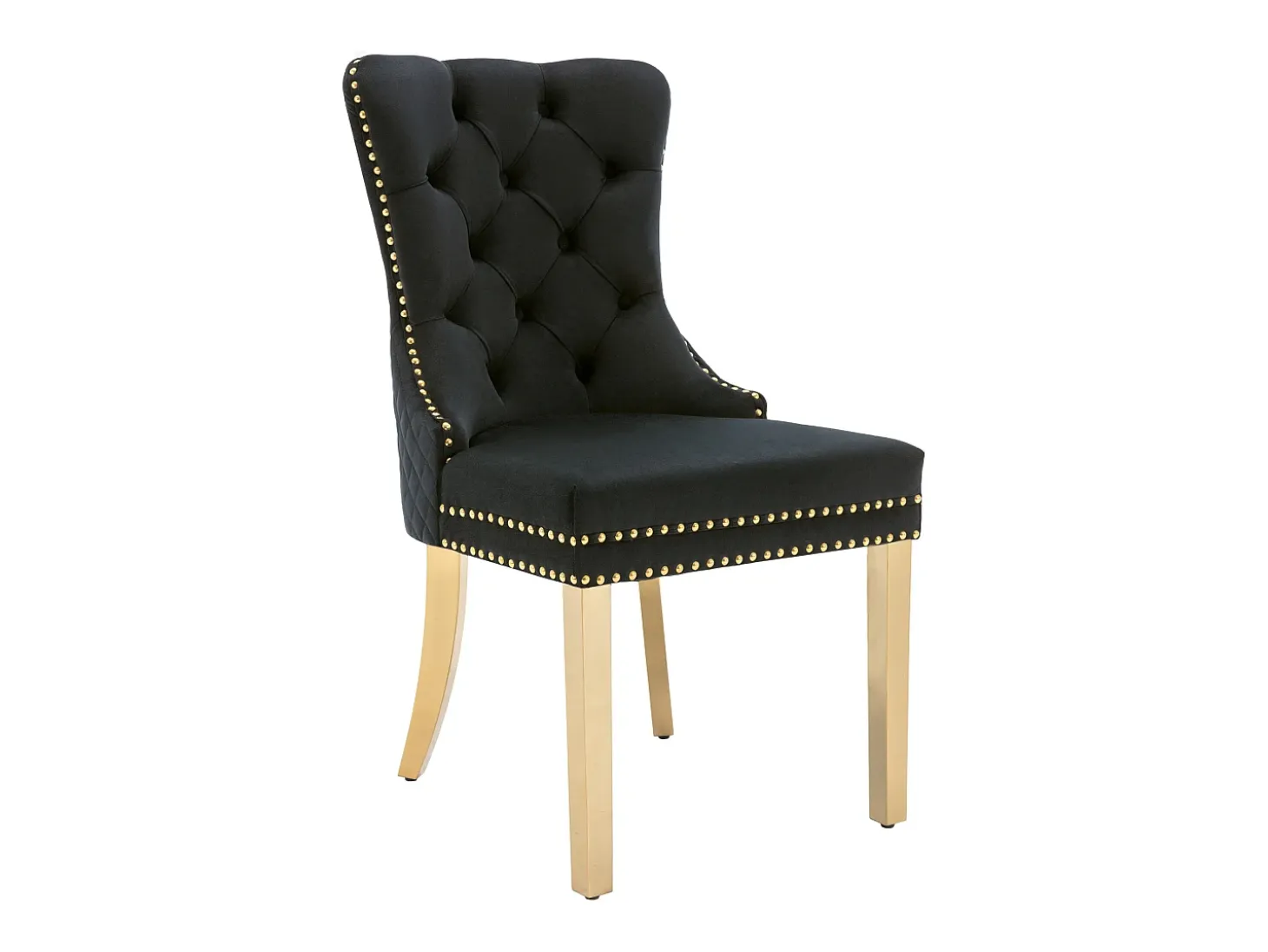 Silla de comedor de terciopelo con aro decorativo y tachuelas, patas de acero inoxidable dorado – negro