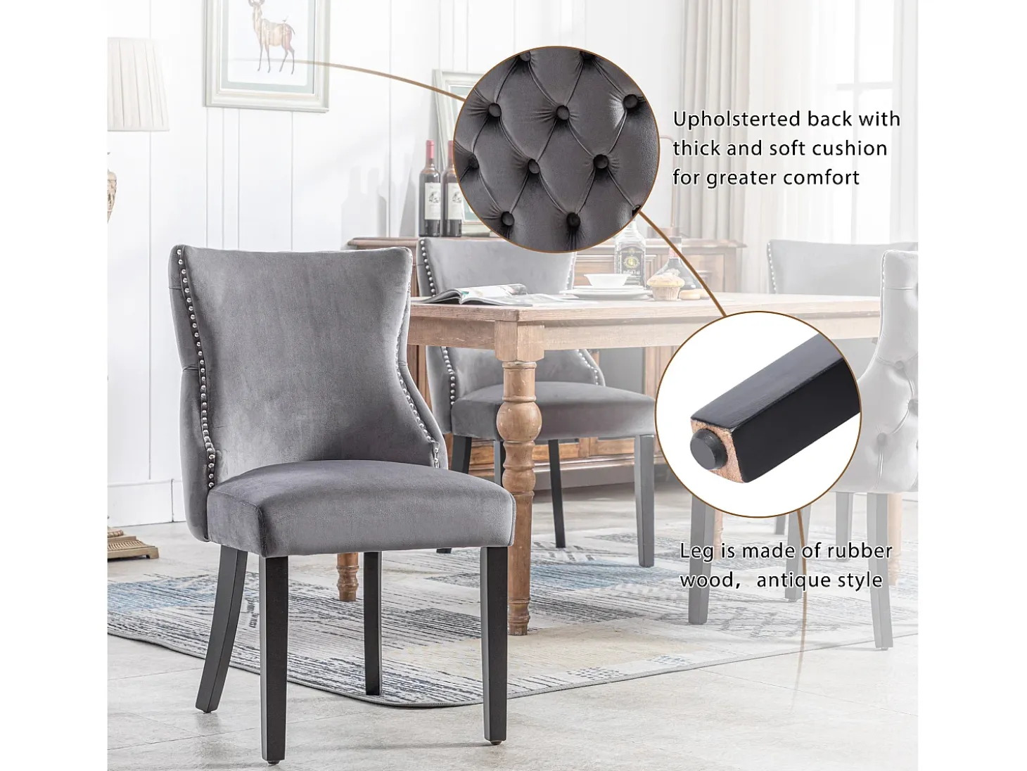 Silla de comedor de terciopelo gris con cómodas patas de madera maciza y diseño acolchado, juego de 2