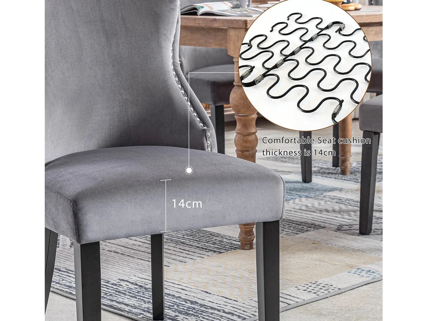 Silla de comedor de terciopelo gris con cómodas patas de madera maciza y diseño acolchado, juego de 2
