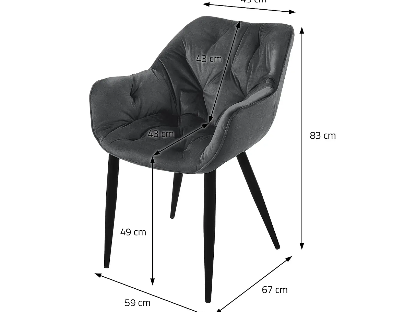 Silla de comedor Juego de 2 Funda de terciopelo antracita con patas de metal incl. Material de montaje ML-Design