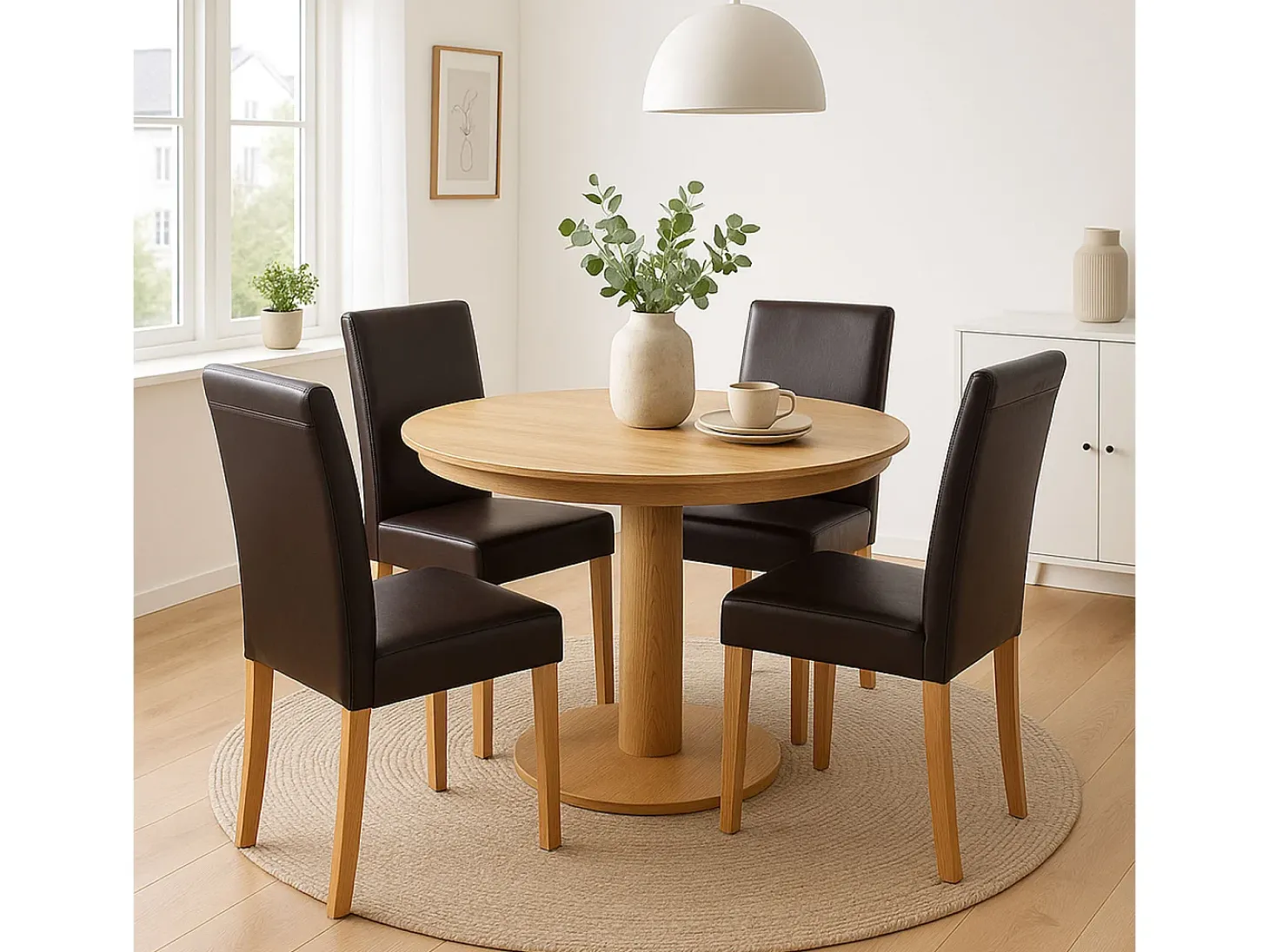 Silla de comedor Littau (juego de 4), Cuero sintético, marrón, patas claras