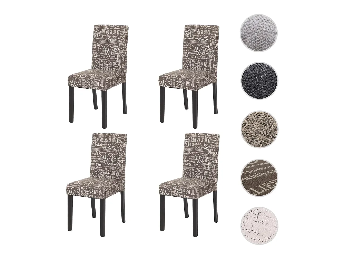 Silla de comedor Littau script (set de 4), textil con letras, gris, patas oscuras