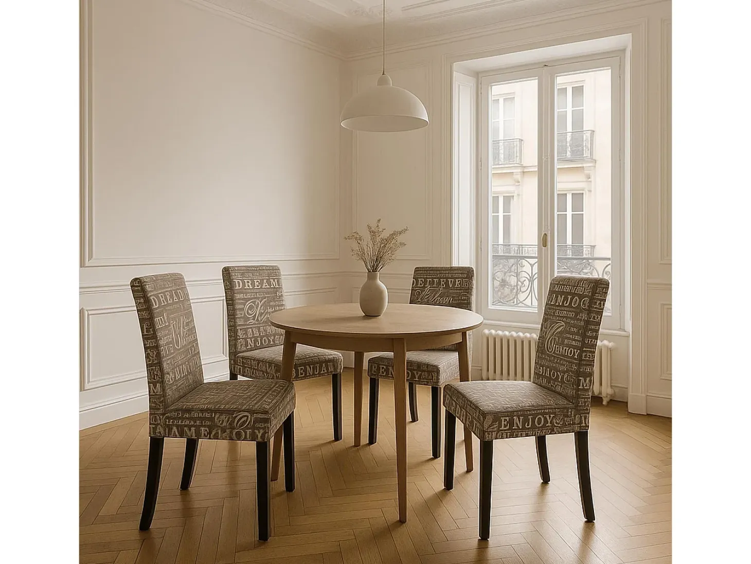 Silla de comedor Littau script (set de 4), textil con letras, gris, patas oscuras