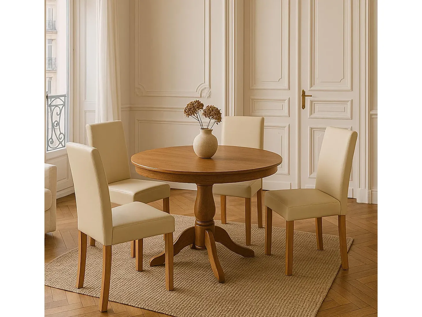 Silla de comedor Littau (set de 4), cuero, patas color crema claro