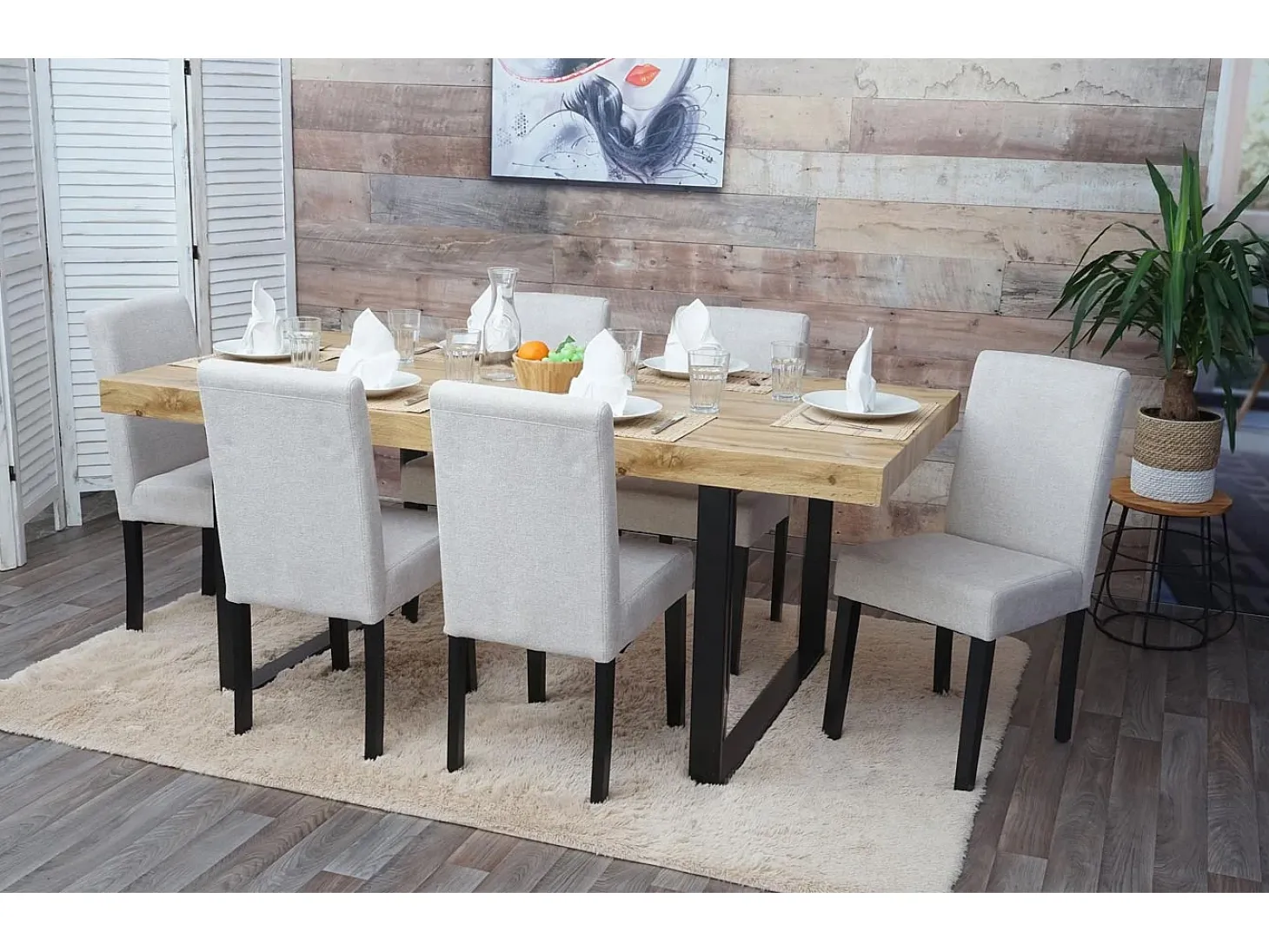 Silla de comedor Littau script (set de 4), textil, crema-beige, patas oscuras