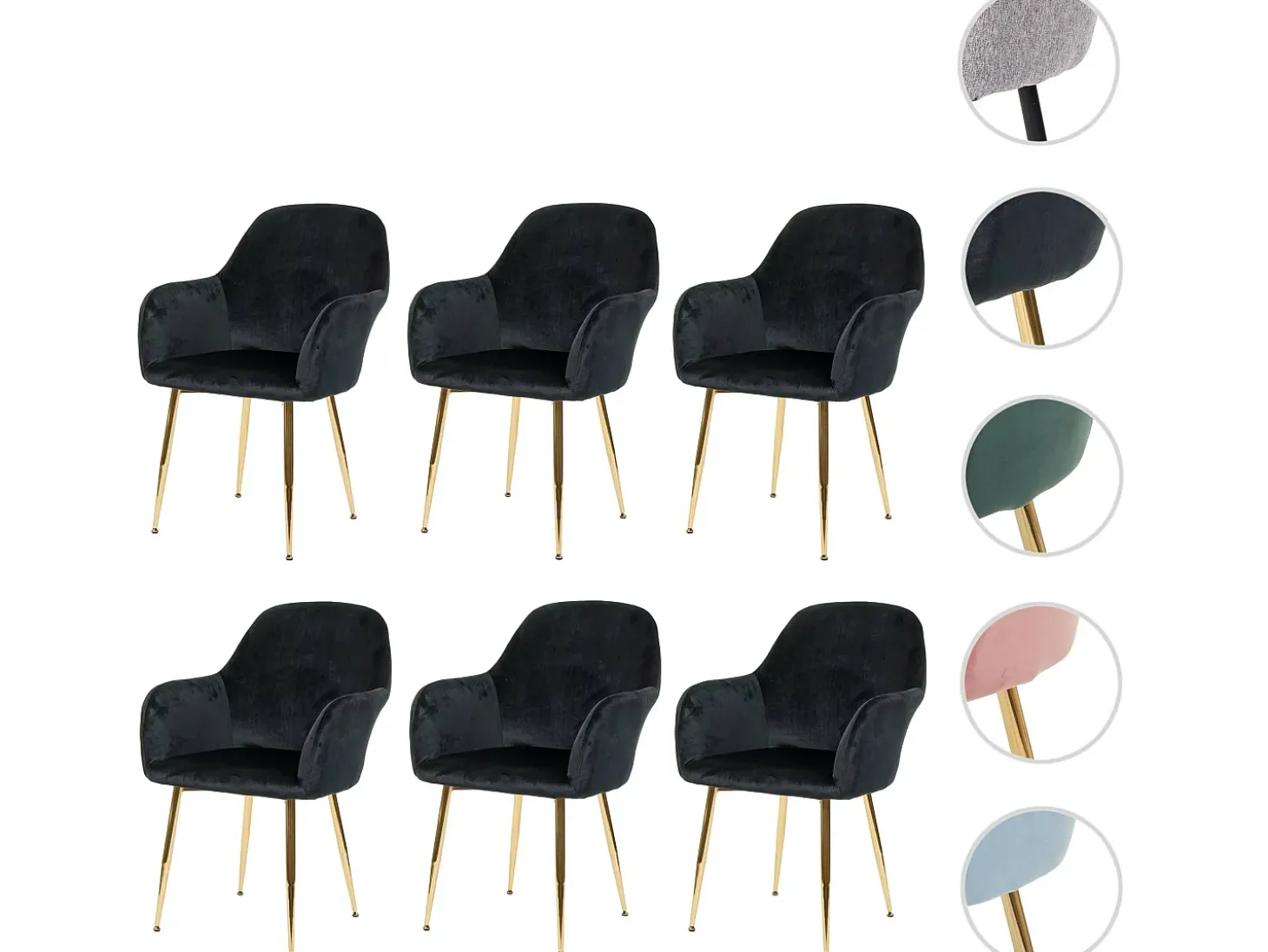 Silla de comedor MCW-F18 (juego de 6), terciopelo negro, patas doradas