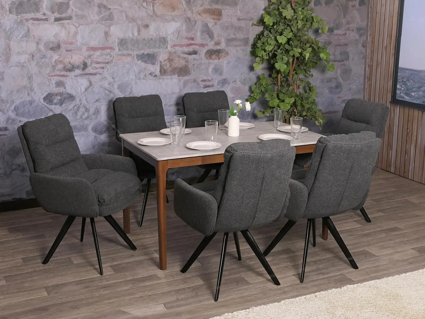 Silla de comedor MCW-G66 Bouclé, gris oscuro, con reposabrazos