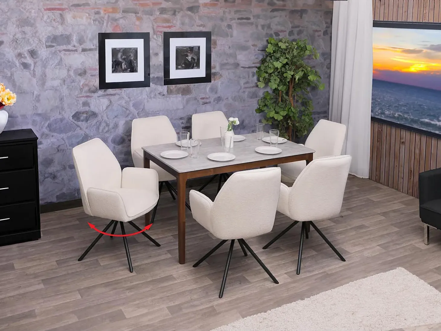Silla de comedor MCW-G67 Bouclé (set de 6), color crema