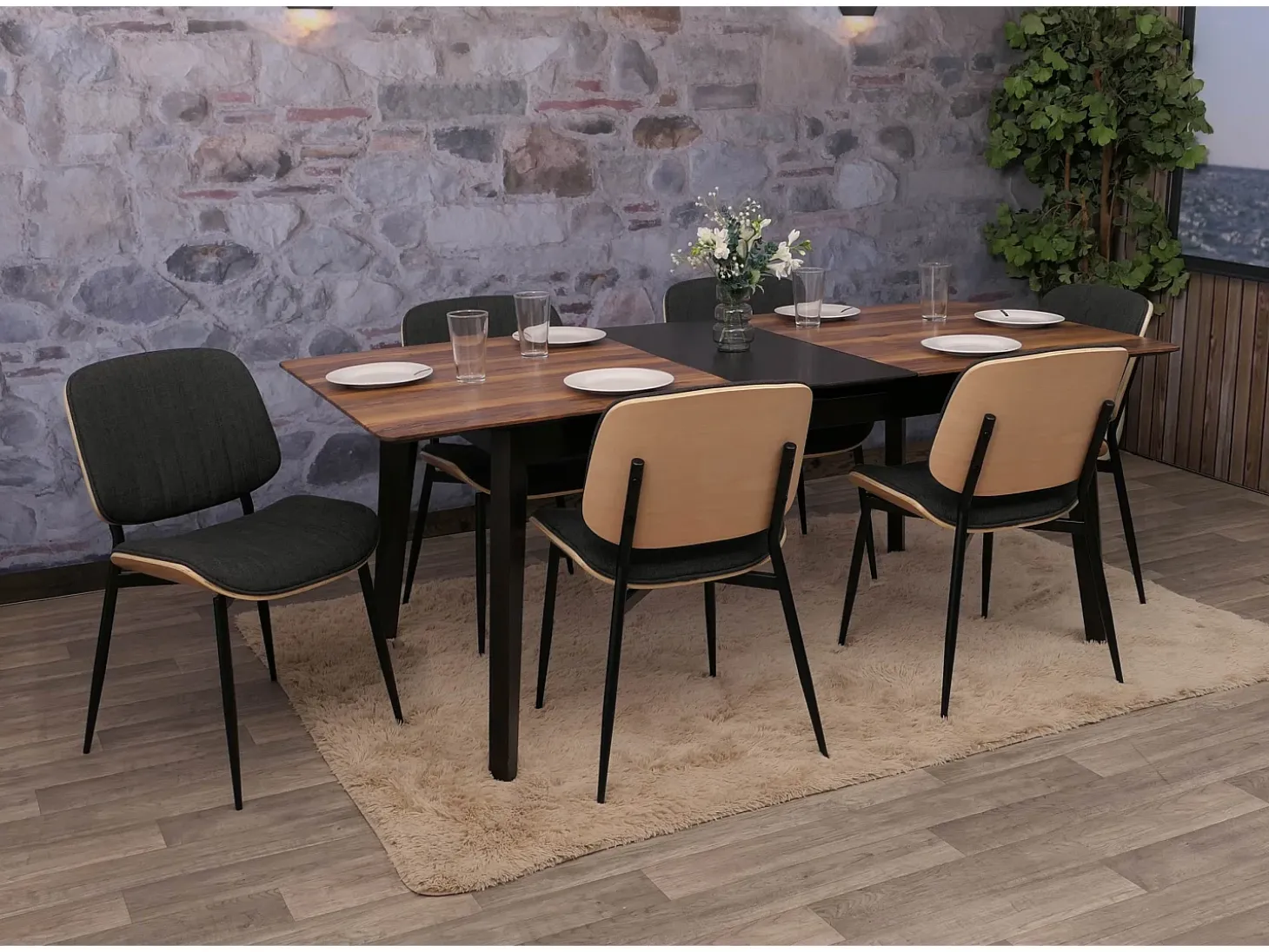 Silla de comedor MCW-O44 (juego de 6), natural, gris oscuro
