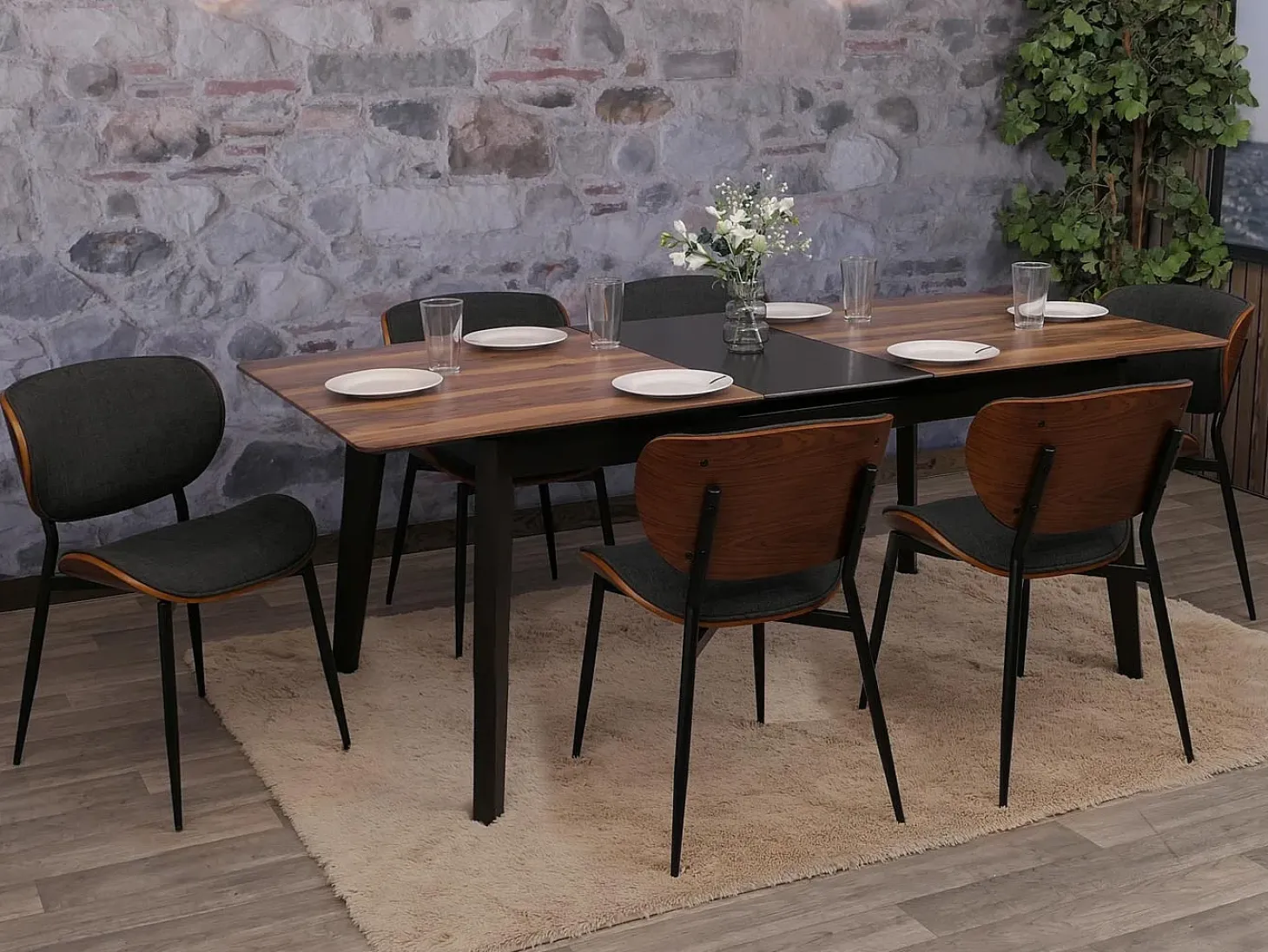 Silla de comedor MCW-O45 (juego de 6), aspecto nogal, gris oscuro