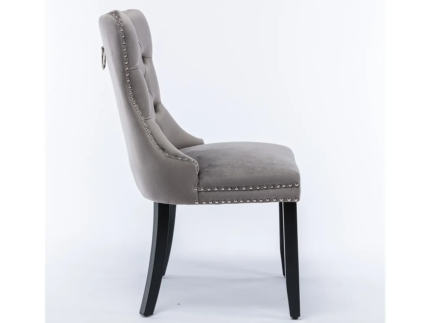 Silla de comedor moderna, terciopelo gris, patas de madera, clavos decorativos, juego de 2 (65x50x95 cm)