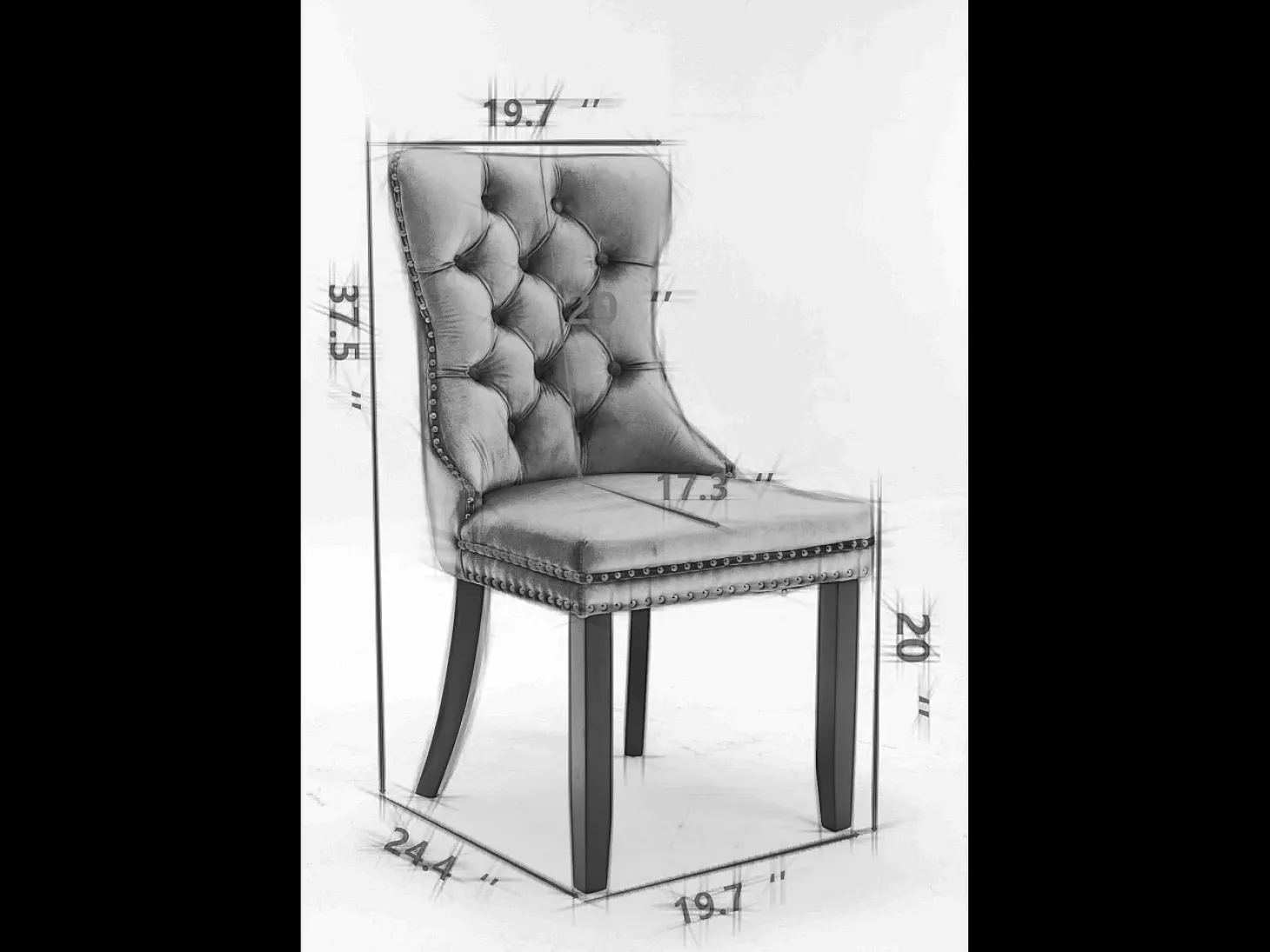 Silla de comedor moderna, terciopelo gris, patas de madera, clavos decorativos, juego de 2 (65x50x95 cm)